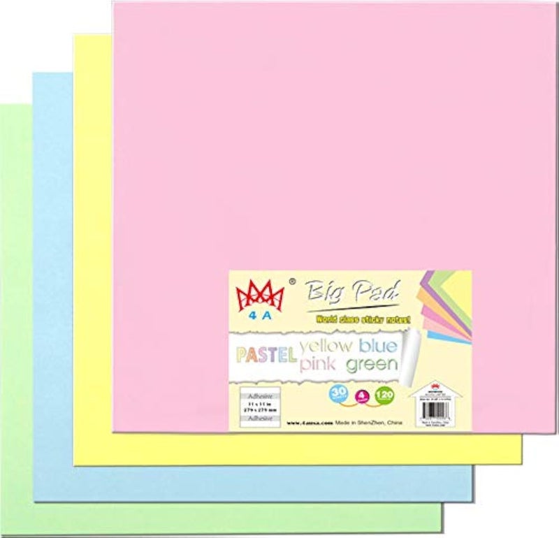 4A Sticky Big Pad,11 x 11 in,Large Size,Pastel Yellow,Blue,Pink,Green,Self-Stick Notes,30 Sheets/Pad,4 Pad/Pack,4A BP 1111-Px4 - Image 1